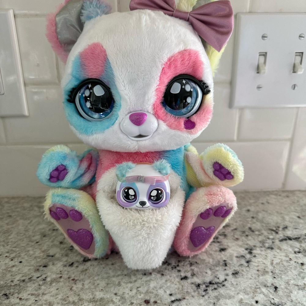 Rainbow Peek-a-roo talking electronic toy pet Colorful Plush Panda with Bow